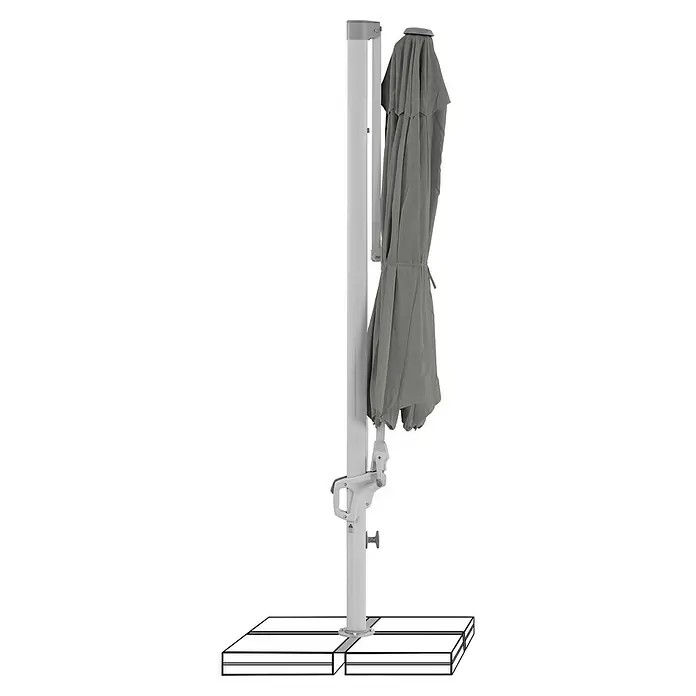 Suncomfort Ampelschirm rund Familyflex - Steingrau, Durchmesser Bespannung: 300 cm - Bild einer hochformatigen, seitlich montierten grauen Sonnenschirm, die auf einem viereckigen Sockel steht.