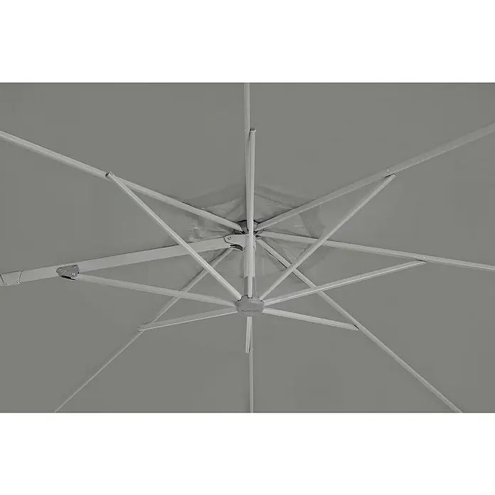 Suncomfort Ampelschirm rund Familyflex - Steingrau, Durchmesser Bespannung: 300 cm - Ansicht des Sonnenschirms von unten, der das robuste Gestell und das hochwertige Material zeigt. Ideal für Garten und Terrasse.