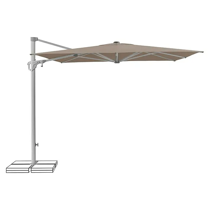 Suncomfort Ampelschirm Familyflex - Helles Taupe, Bespannungsmaß (L x B): 250 x 250 cm - Abgebildeter freischwingender Sonnenschirm in Beige mit einem robusten Standfuß, der ideal für den Einsatz im Freien ist und Schatten spendet.