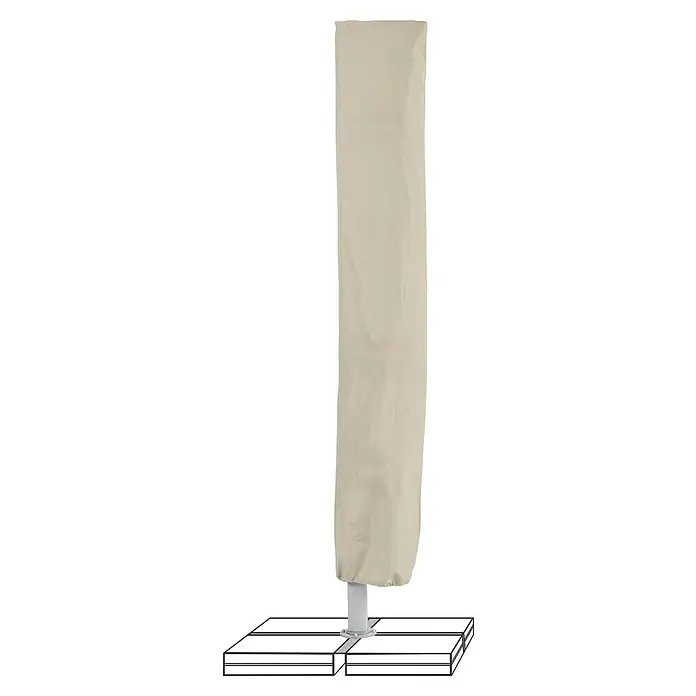 Suncomfort Ampelschirm Familyflex - Helles Taupe, Bespannungsmaß (L x B): 250 x 250 cm - Ein beigefarbener Schirmständer mit einer passenden Schutzhülle steht auf einem quadratischen Sockel.