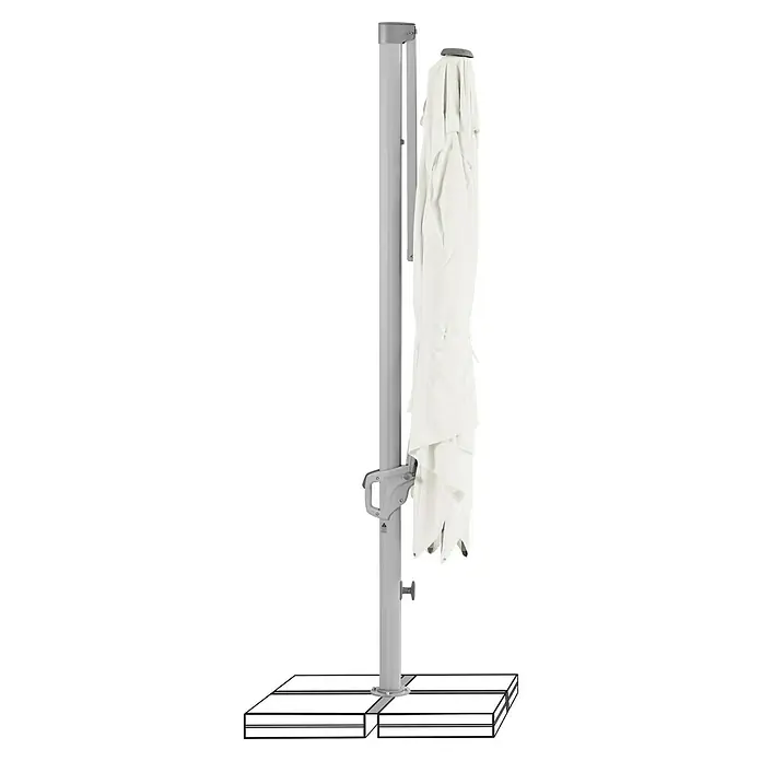 Suncomfort Ampelschirm Familyflex - Sandweiß, Bespannungsmaß (L x B): 250 x 250 cm - Ein hochwertiger Sonnenschirm mit einem stabilen, grauen Mast und einem zusammengefalteten, weißen Schirmtuch. Ideal für den Garten.