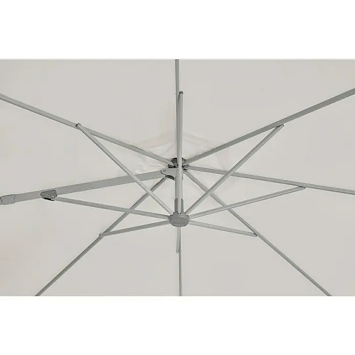 Suncomfort Ampelschirm rund Familyflex - Hellgrau, Durchmesser Bespannung: 300 cm - Detailaufnahme der Konstruktion eines Sonnenschirms mit grauem Metallgestell und weißem Stoffbezug.