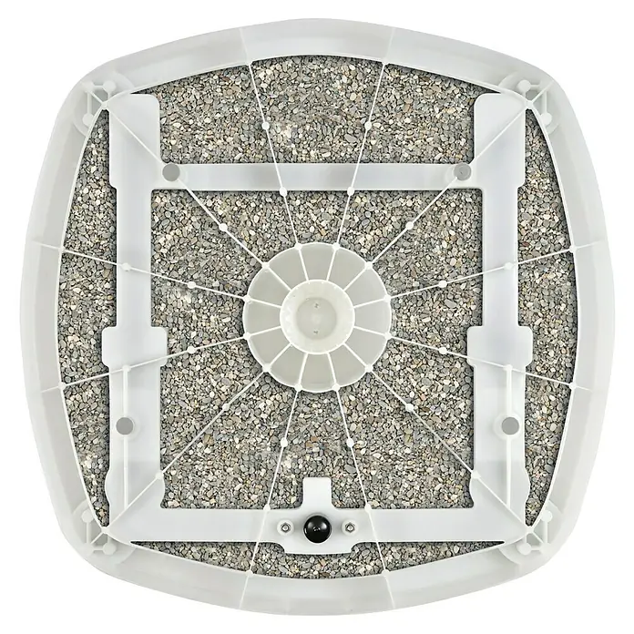 Suncomfort Schirmständer - L x B: 91,5 x 91,5 cm, Passend für: Suncomfort Ampelschirme, Grau - Nahaufnahme eines runden Sonnenschirmständers mit grauen Steinen und einem weißen Kunststoffrahmen.
