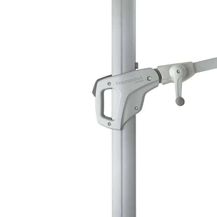 Suncomfort Ampelschirm Familyflex - Hellgrau, Bespannungsmaß (L x B): 250 x 250 cm - Nahaufnahme des Suncomfort by Glatz Sonnenschirm-Mechanismus, der hochwertige Verarbeitung und einfache Bedienbarkeit für perfekten Sonnenschutz verspricht.