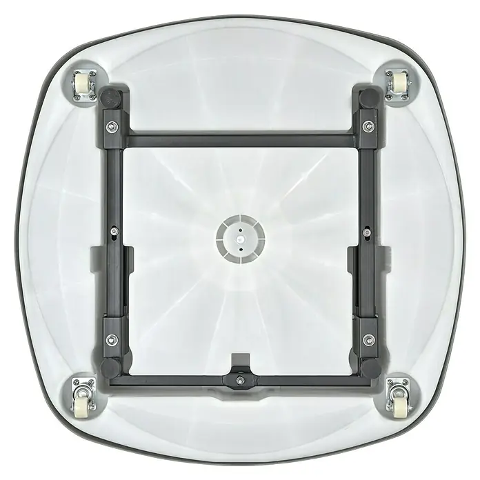 Suncomfort Schirmständer - L x B: 91,5 x 91,5 cm, Passend für: Suncomfort Ampelschirme, Grau - Ansicht der Unterseite eines runden Tisches mit Rollen. Die Tischbeine sind quadratisch und bieten eine robuste Konstruktion.