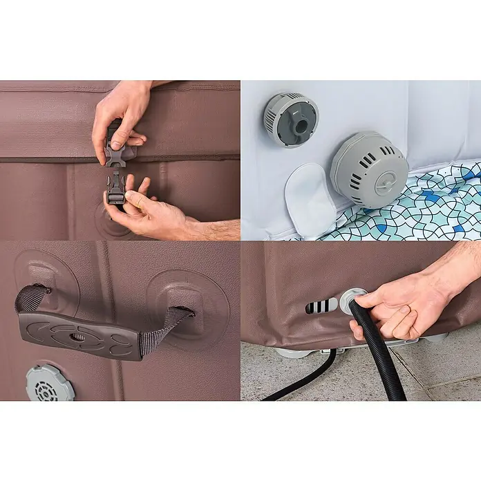 Bestway Lay-Z-Spa Mobil-Whirlpool Hawai - Ø x H: 196 x 71 cm, Terrakotta, 916 l - Detailansichten eines braunen Whirlpools mit Zubehör, inklusive Verschluss, Filter und Schlauch für optimale Entspannung.