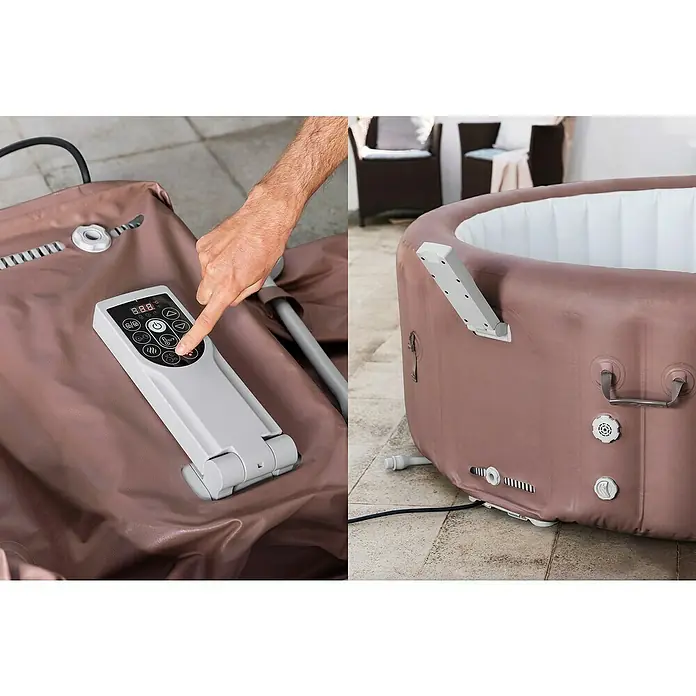 Bestway Lay-Z-Spa Mobil-Whirlpool Hawai - Ø x H: 196 x 71 cm, Terrakotta, 916 l - Nahaufnahme eines aufblasbaren Whirlpools mit Bedienelementen und Hand, die eine Taste drückt.