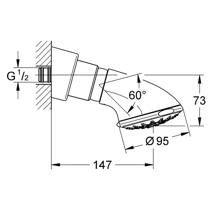 Grohe Kopfbrause Relexa 100 - Anzahl Funktionen: 5 Stk., Durchmesser: 9,5 cm, Chrom - Technische Zeichnung eines Duschkopfs mit Maßangaben zu Durchmesser, Länge und Winkel für die Installation.