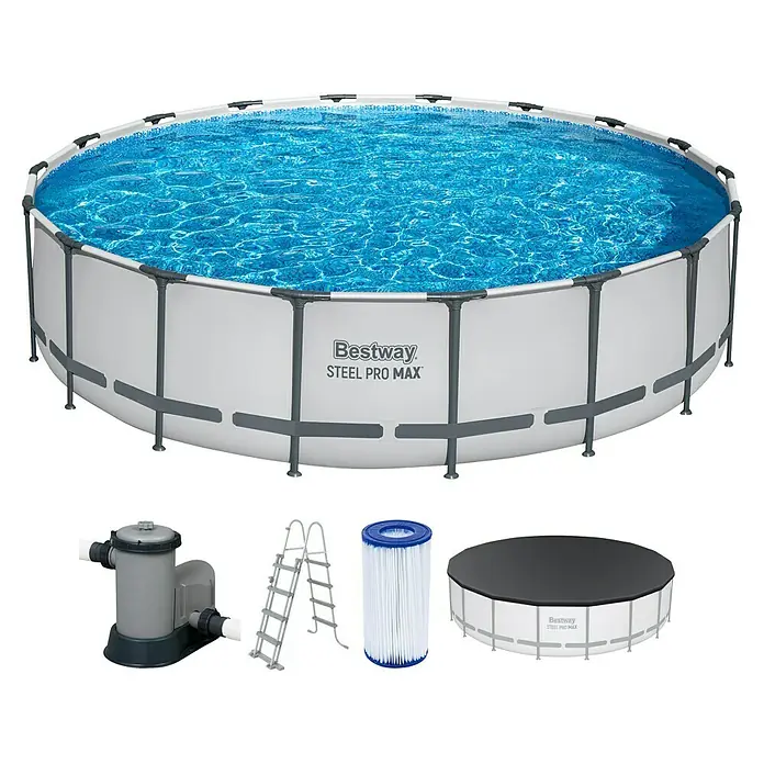 Bestway Frame-Pool Set Steel Pro Max - Ø x H: 549 x 122 cm, Lichtgrau, 23.062 l - Bestway Steel Pro Max Pool-Set: Ein robuster, runder Pool mit Zubehör für ungetrübten Badespaß im eigenen Garten.