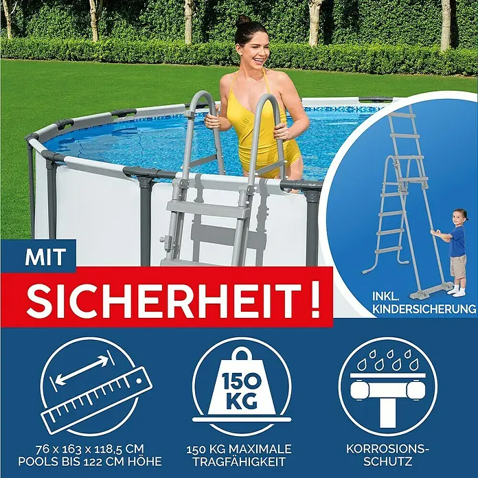 Bestway Frame-Pool Set Steel Pro Max - Ø x H: 549 x 122 cm, Lichtgrau, 23.062 l - Bild einer Poolleiter mit Sicherheitsmerkmalen, inklusive Kindersicherung, mit maximaler Tragfähigkeit von 150 kg und Korrosionsschutz.