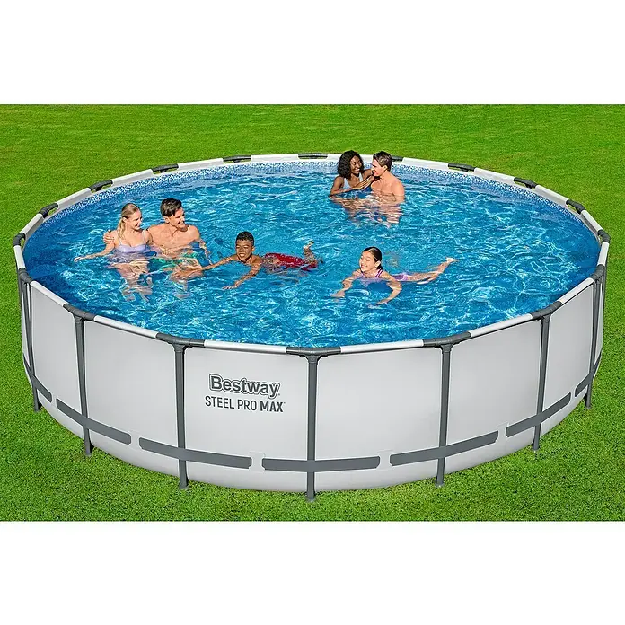 Bestway Frame-Pool Set Steel Pro Max - Ø x H: 549 x 122 cm, Lichtgrau, 23.062 l - Bestway Steel Pro Max Pool im Garten mit spielenden Personen. Der runde Pool hat eine stabile Stahlrahmenkonstruktion und ist einfach aufzubauen.