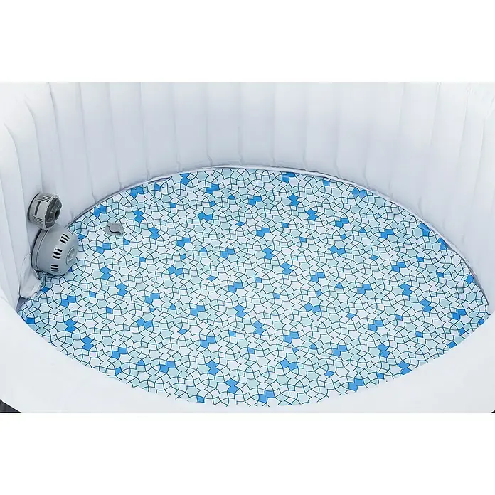 Bestway Lay-Z-Spa Mobil-Whirlpool Miami Air-Jet - Ø x H: 180 x 66 cm, Dunkelblau, 669 l - Nahaufnahme eines aufblasbaren Whirlpools mit blau-weißem geometrischen Muster auf dem Boden und einer grauen Pumpe an der Seite.