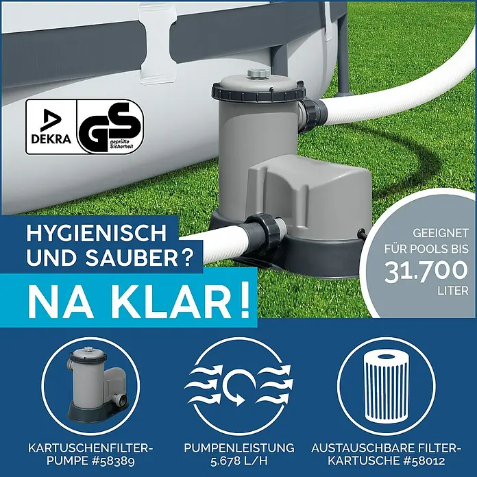 Bestway Frame-Pool Set Steel Pro Max - Ø x H: 549 x 122 cm, Lichtgrau, 23.062 l - Poolfilteranlage mit GS-Zertifikat für Pools bis 31.700 Liter, Kartuschenfilterpumpe #58389 und austauschbare Filterkartusche #58012.