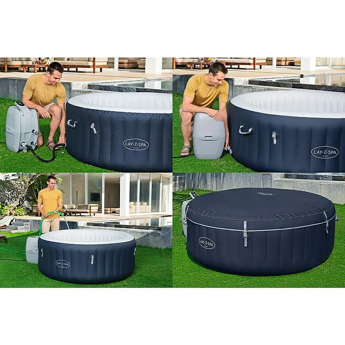 Bestway Lay-Z-Spa Mobil-Whirlpool Miami Air-Jet - Ø x H: 180 x 66 cm, Dunkelblau, 669 l - Bildercollage eines Lay-Z-Spa Miami Whirlpools mit Mann beim Aufbau und der Pflege des Pools im Garten.
