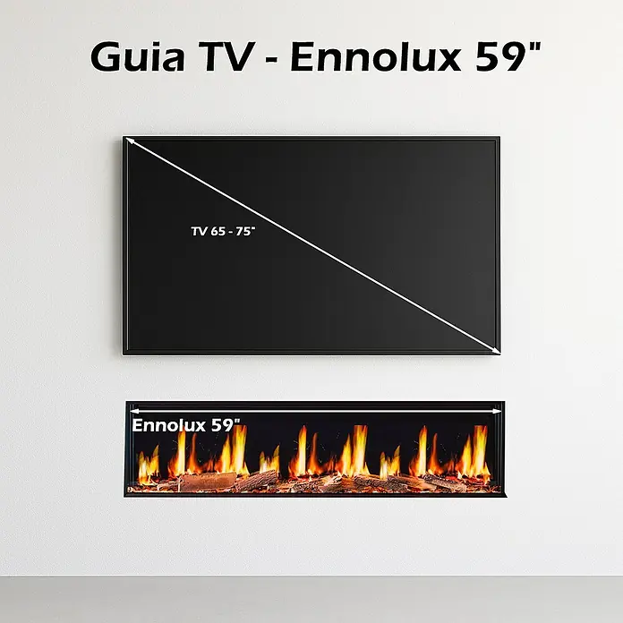 Focalpoint Chimenea eléctrica Ennolux LCD 59 - Negro, 1.400 W, L x An x Al: 21,9 x 152,5 x 53 cm - Ilustración de una chimenea Ennolux de 59" debajo de un televisor de 65-75", mostrando las proporciones de tamaño.