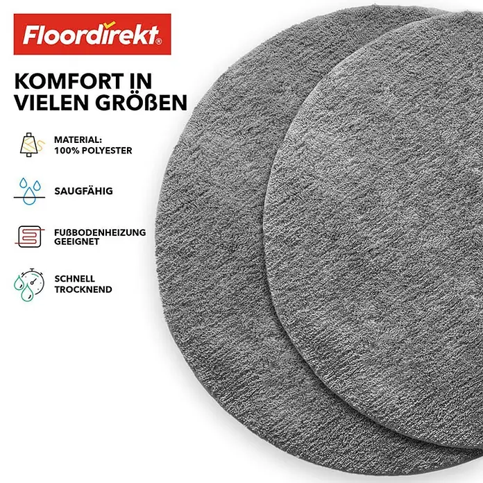 Floordirekt Badteppich Sky - 120 x 120 cm, Dunkelgrau, 100% Polyester - Graue, runde Badematten von Floordirekt aus 100 % Polyester, saugfähig, schnell trocknend und für Fußbodenheizung geeignet.