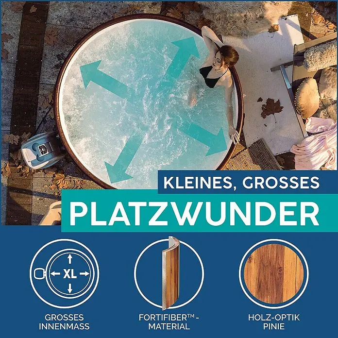 Bestway Lay-Z-Spa Mobil-Whirlpool Helsinki AirJet Plus™ - Ø x H: 180 x 66 cm, Braun, 1.123 l - Das Bild zeigt ein rundes Badefass mit einer Frau darin, hervorgehobene Produktmerkmale und den Text "PLATZWUNDER".