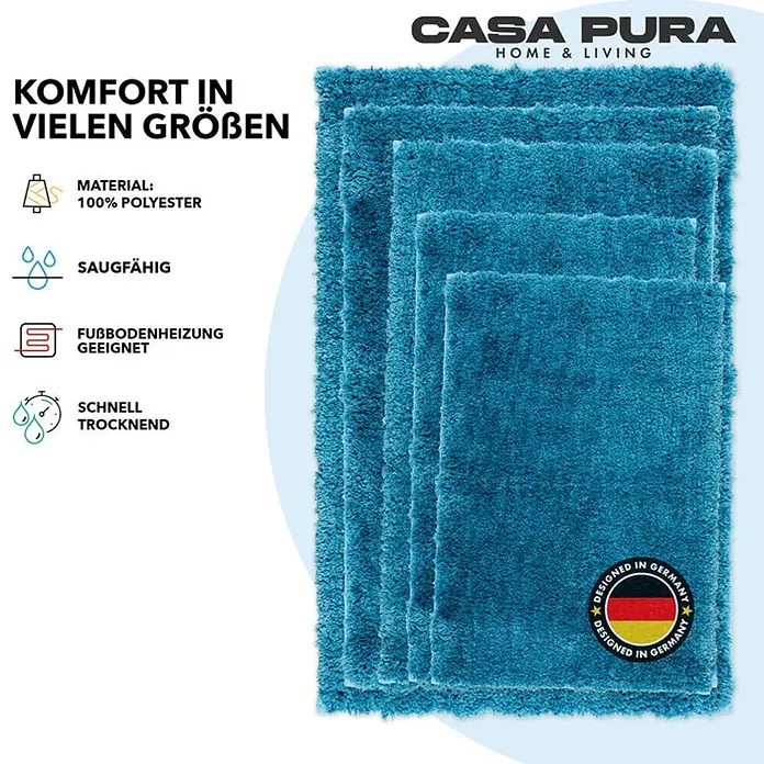 Floordirekt Badteppich Sky - 120 x 70 cm, Petrol, 100% Polyester - Das Bild zeigt eine Auswahl an flauschigen, türkisfarbenen Casa Pura Badteppichen in verschiedenen Größen, die Komfort und Design vereinen.