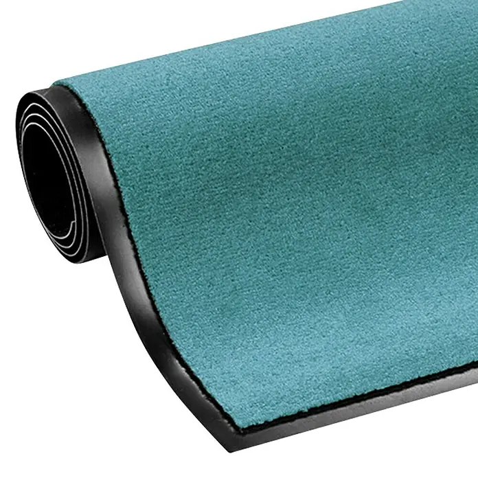 Fußmatte Monochrom - Türkis, 90 x 60 cm, 100 % Polyamid - Aufgerollte, türkisfarbene Fußmatte mit schwarzem Rand. Die Matte ist dicht und hat eine weiche Oberfläche, ideal für den Eingangsbereich.
