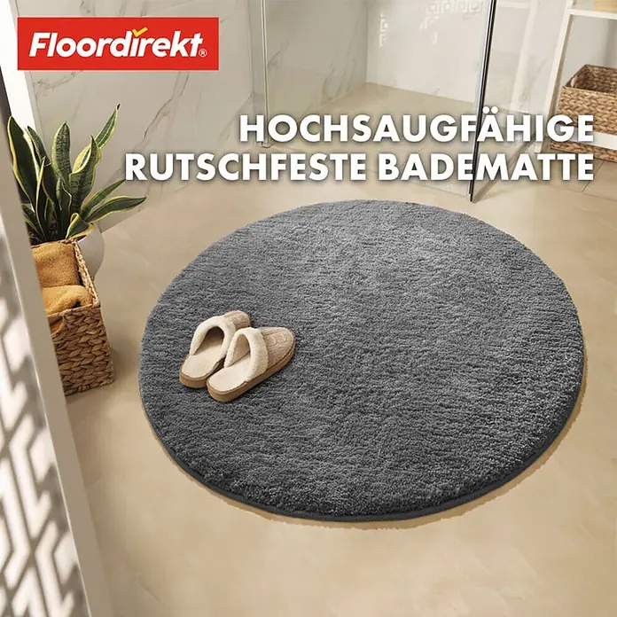 Floordirekt Badteppich Sky - 120 x 120 cm, Dunkelgrau, 100% Polyester - Hochflor Badteppich in runder Form und Anthrazit Farbe mit dem OEKO-TEX® Siegel. Die Badematte ist saugfähig und rutschfest.