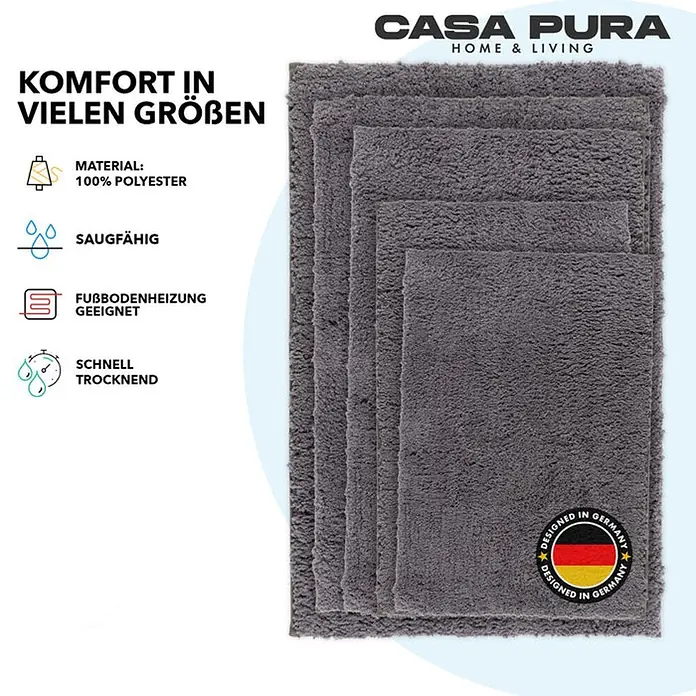 Floordirekt Badteppich Sky - 120 x 70 cm, Dunkelgrau, 100% Polyester - Graue Casa Pura Badematten in verschiedenen Größen, aus 100 % Polyester, saugfähig und schnelltrocknend, für Fußbodenheizung geeignet.