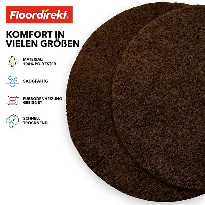 Floordirekt Badteppich Sky - 95 x 95 cm, Braun, 100% Polyester - Nahaufnahme von zwei runden, braunen Badematten mit Produktinformationen im Hintergrund.