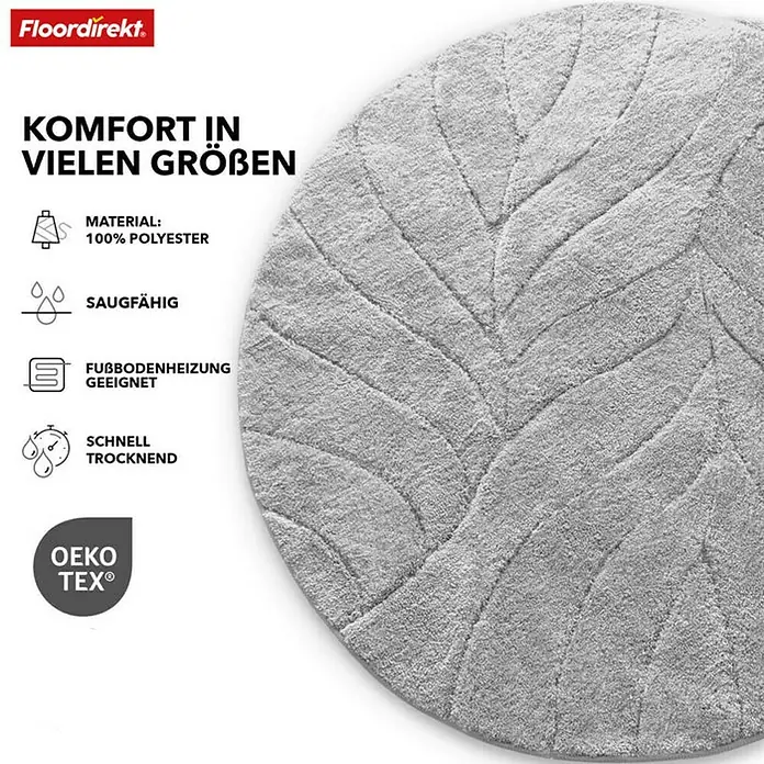 Floordirekt Badteppich Maris - 120 x 120 cm, Silber, 100% Polyester - Graue, runde Badematte mit Blattmuster. Material: 100% Polyester, saugfähig, geeignet für Fußbodenheizung, schnell trocknend, Oeko-Tex zertifiziert.
