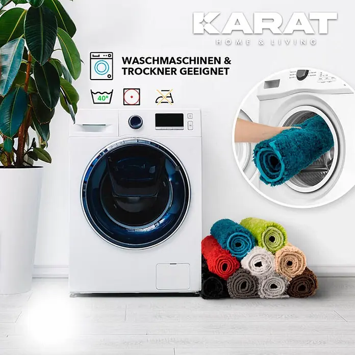 Floordirekt Badteppich Atlantis - 120 x 70 cm, Türkis, 100% Polyester - Das Bild zeigt eine Waschmaschine mit dem Hinweis, dass sie für die Verwendung mit den farbenfrohen Karat Home & Living Teppichen geeignet ist.