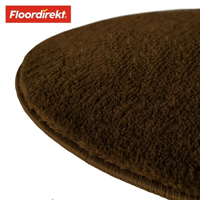 Floordirekt Badteppich Sky - 95 x 95 cm, Braun, 100% Polyester - Nahaufnahme eines braunen, runden Teppichs von Floordirekt, der eine weiche Textur und eine saubere Kante aufweist.