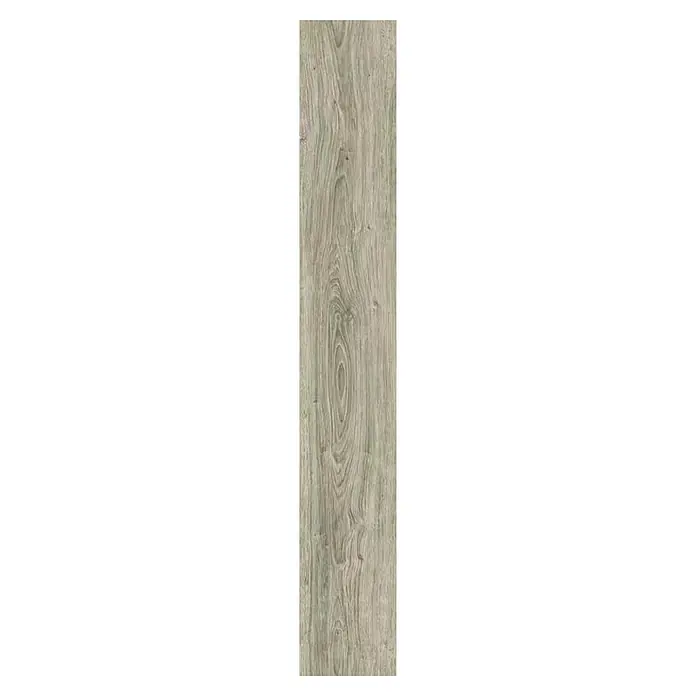 Suelo vinílico SPC Native Tree - 1.220 x 180 x 5 mm, Gris, Resistente al agua - Primer plano de una elegante baldosa de imitación de madera con una veta marcada, ideal para interiores modernos y un ambiente cálido.