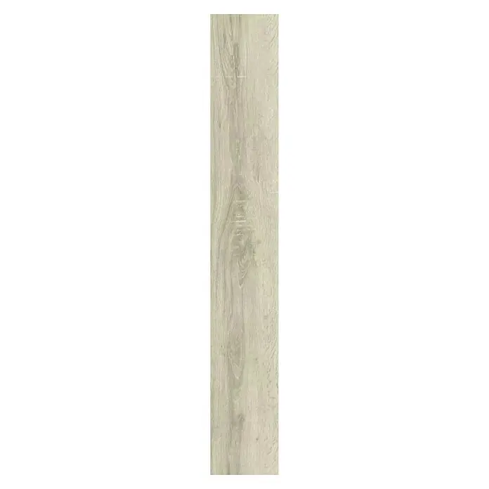 Suelo vinílico SPC Legendary Tree - 1.220 x 180 x 5 mm, Gris, Resistente al agua - Primer plano de una lámina de madera clara, mostrando la veta natural de la madera y un acabado mate. Ideal para interiores modernos.