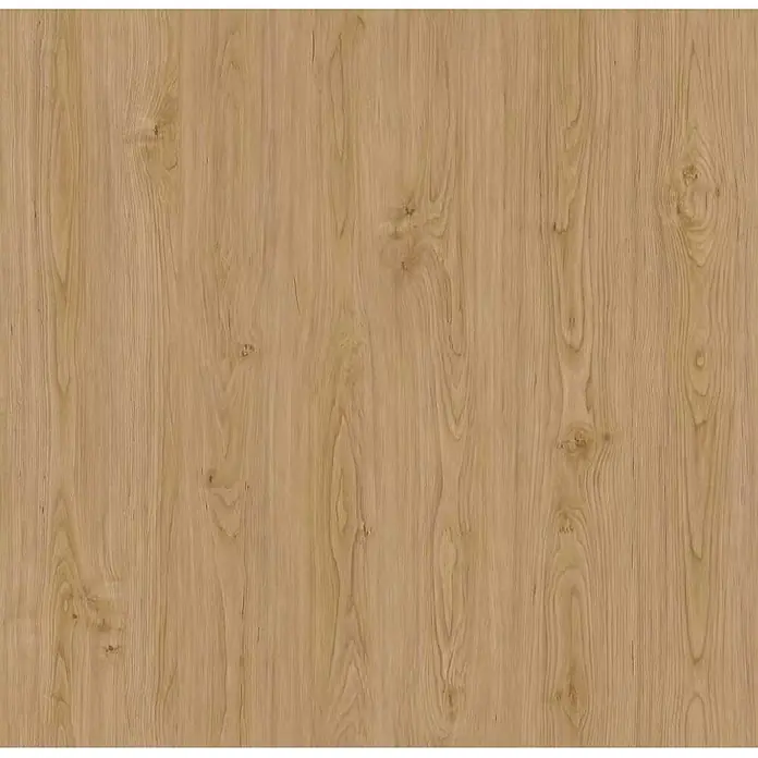Suelo vinílico SPC Forest Tree - 1.220 x 180 x 5 mm, Marrón, Resistente al agua - Primer plano de una superficie de madera marrón claro con finas vetas y nudos naturales. Ideal para muebles y diseño de interiores.