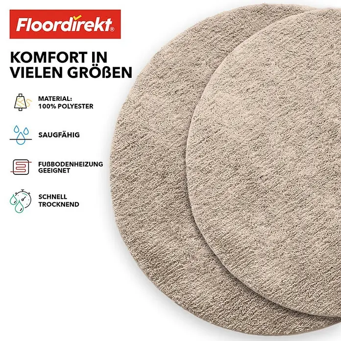 Floordirekt Badteppich Sky - 120 x 120 cm, Beige, 100% Polyester - Bild von zwei runden, beigen Badteppichen mit Produktinformationen wie Material und Eigenschaften.