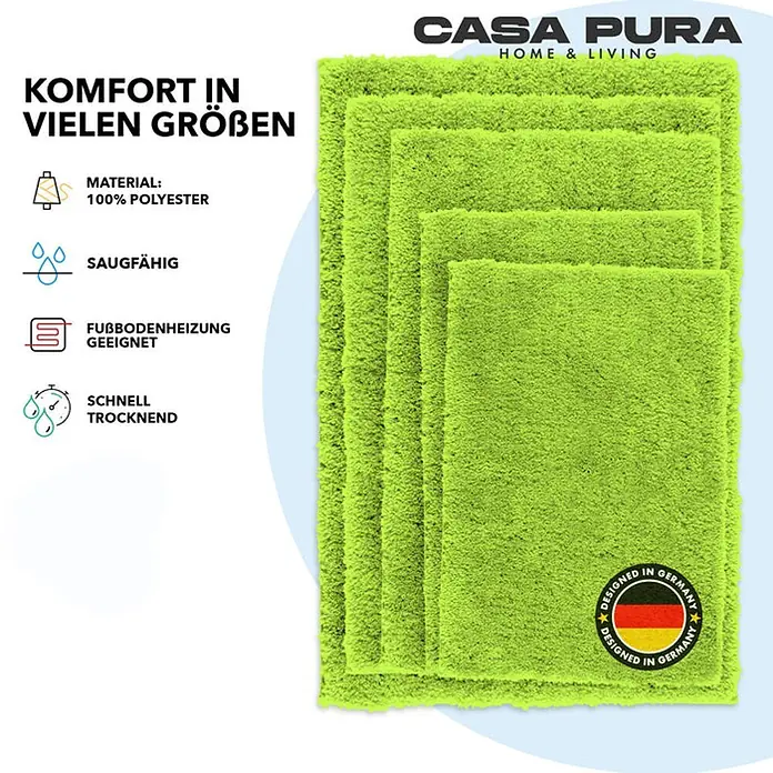 Floordirekt Badteppich Sky - 150 x 80 cm, Apfelgrün, 100% Polyester - Bild von mehreren grünen Casa Pura Badematten in verschiedenen Größen. Die Matten sind aus Polyester, saugfähig und schnelltrocknend.