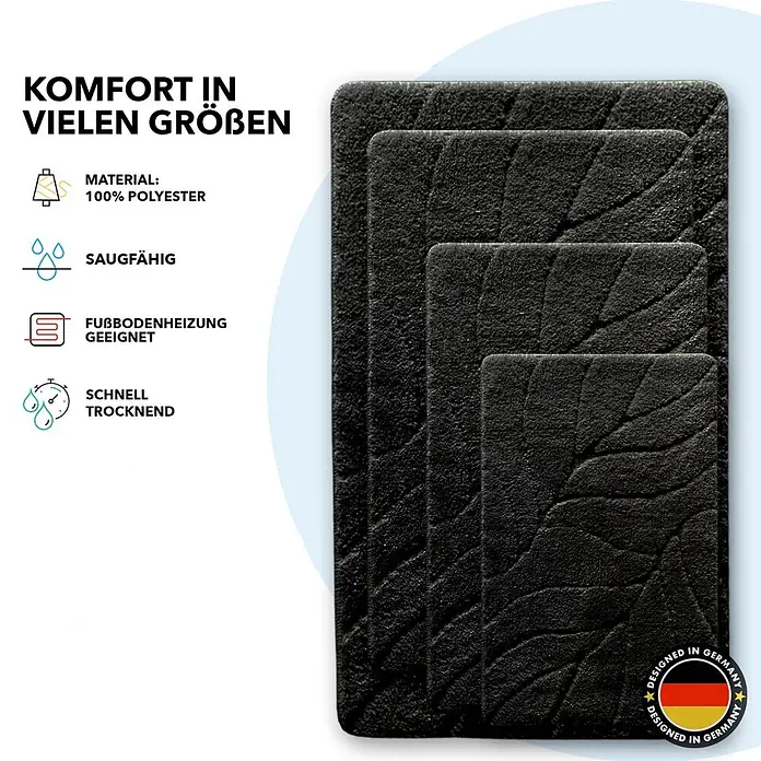 Floordirekt Badteppich Maris - 60 x 40 cm, Schwarz, 100% Polyester - Schwarze Badematten in verschiedenen Größen, hergestellt aus 100% Polyester, saugfähig und schnell trocknend.