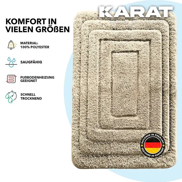 Floordirekt Badteppich Atlantis - 120 x 70 cm, Beige, 100% Polyester - Abbildung eines beigen "KARAT"-Badezimmerteppichs in verschiedenen Größen, der Komfort und Saugfähigkeit verspricht.