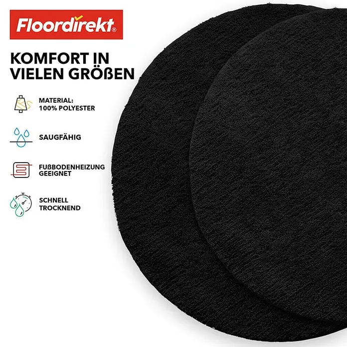 Floordirekt Badteppich Sky - 120 x 120 cm, Schwarz, 100% Polyester - Schwarzer, runder Badteppich von Floordirekt aus 100 % Polyester. Komfort in vielen Größen, saugfähig und schnell trocknend.