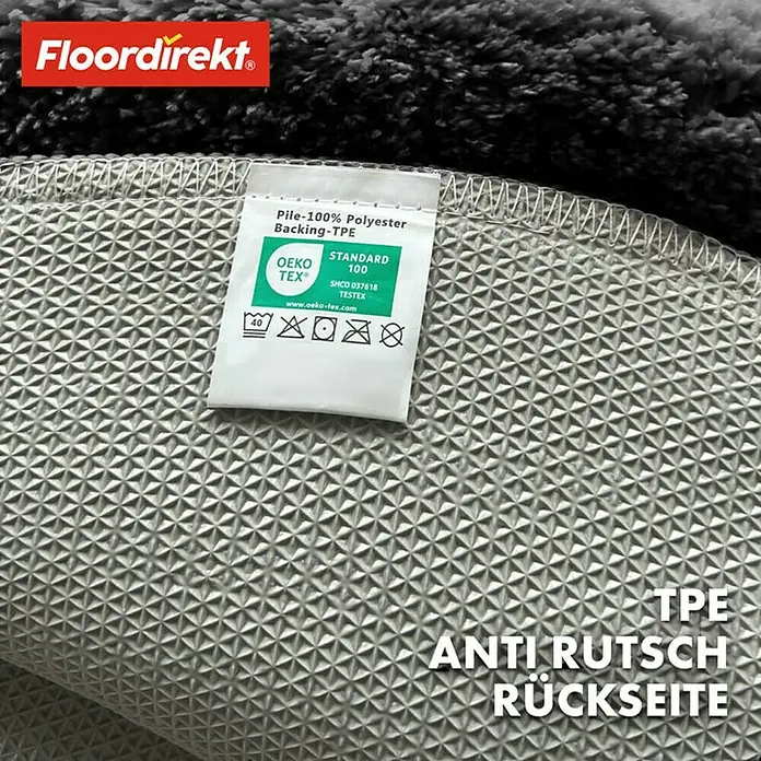 Floordirekt Badteppich Sky - 120 x 120 cm, Schwarz, 100% Polyester - Detailaufnahme eines Teppichs mit TPE-Rutschfester Rückseite und Öko-Tex Standard 100 Zertifizierung.