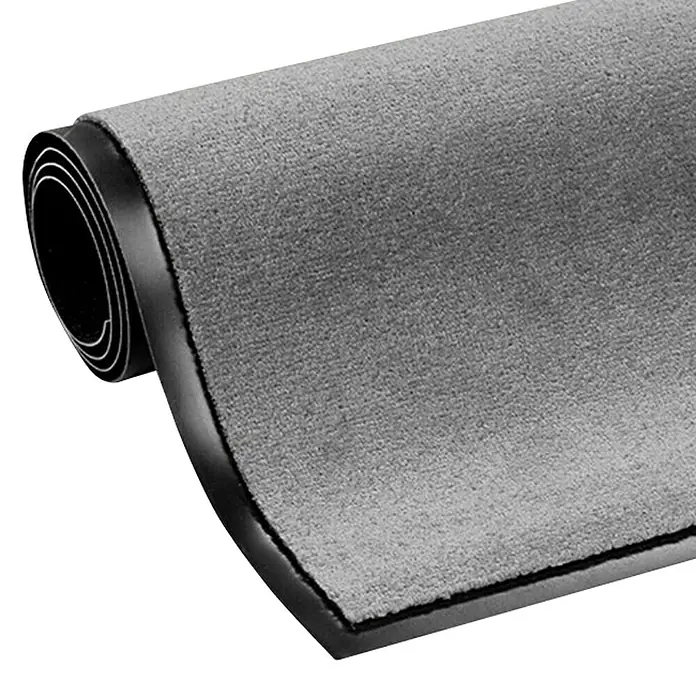 Fußmatte Monochrom - Silbergrau, 180 x 60 cm, 100 % Polyamid - Graue Schmutzfangmatte mit schwarzem Rand, aufgerollt, ideal für den Eingangsbereich. Schützt Böden vor Schmutz und Feuchtigkeit.