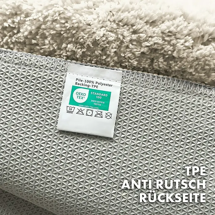 Floordirekt Badteppich Maris - 120 x 60 cm, Ivory, 100% Polyester - Detailansicht eines Teppichs mit Anti-Rutsch-Rückseite und OEKO-TEX® Zertifikat, bestehend aus 100% Polyester.