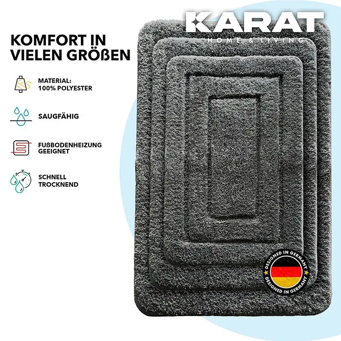 Floordirekt Badteppich Atlantis - 100 x 60 cm, Dunkelgrau, 100% Polyester - Darstellung von grauen KARAT Fußmatten in verschiedenen Größen, hergestellt aus 100% Polyester, saugfähig und schnell trocknend.