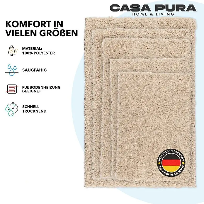 Floordirekt Badteppich Sky - 120 x 70 cm, Beige, 100% Polyester - Bild von Casa Pura Badteppichen in verschiedenen Größen, beige, aus 100 % Polyester, saugfähig und schnelltrocknend. Geeignet für Fußbodenheizung.