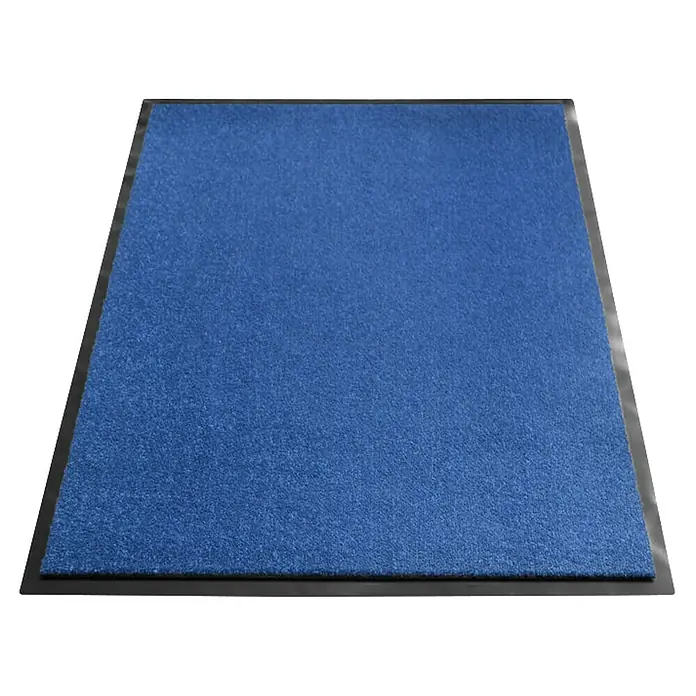 Fußmatte Monochrom - Blau, 180 x 120 cm, 100 % Polyamid - Ein blauer Teppich mit einem schwarzen Rand. Das Produkt ist ein Bodenbelag, der für verschiedene Zwecke verwendet werden kann.