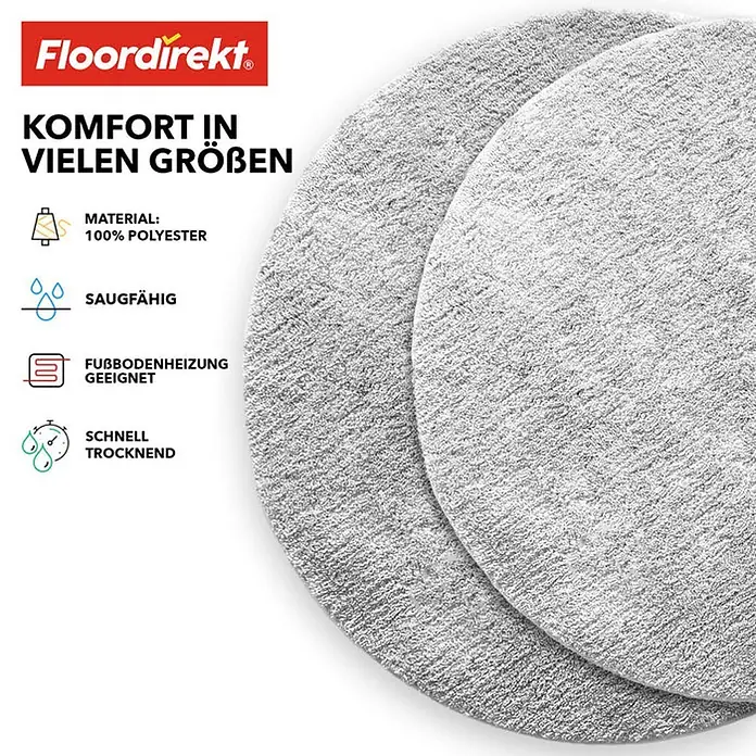 Floordirekt Badteppich Sky - 120 x 120 cm, Weiß, 100% Polyester - Zwei graue, runde Teppiche aus 100 % Polyester von Floordirekt, die Komfort in vielen Größen bieten und für Fußbodenheizung geeignet sind.