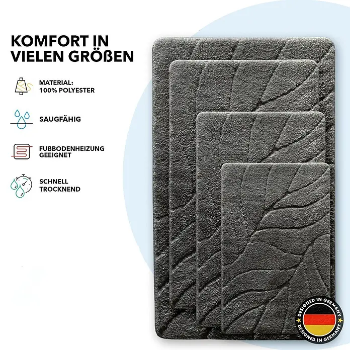 Floordirekt Badteppich Maris - 60 x 40 cm, Dunkelgrau, 100% Polyester - Graue Badematten in verschiedenen Größen, aus 100% Polyester, saugfähig und schnell trocknend. Für Fußbodenheizung geeignet.