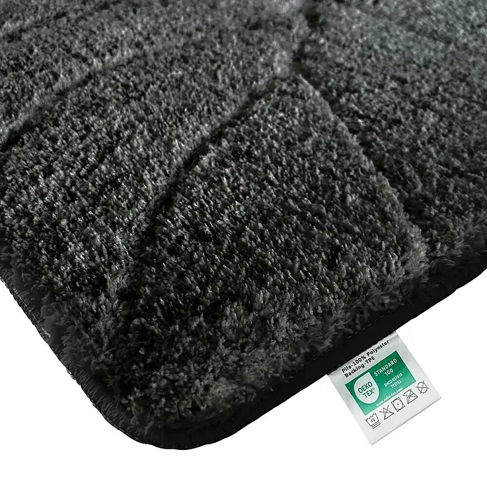 Floordirekt Badteppich Maris - 60 x 40 cm, Schwarz, 100% Polyester - Grauer, rechteckiger Teppich mit OEKO-TEX Standard 100 Label, ideal für Badezimmer oder als Akzent im Raum.