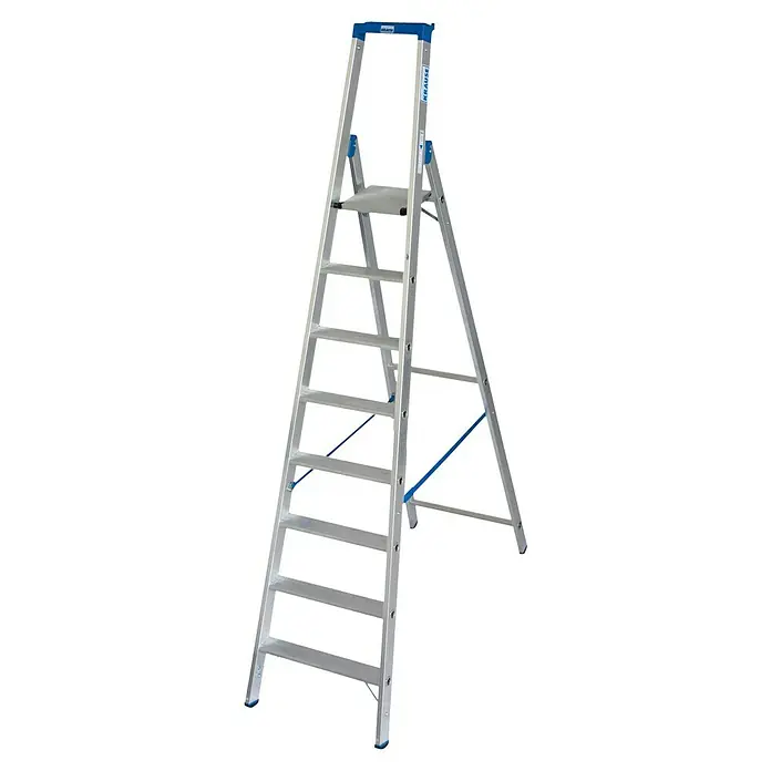Krause Stehleiter - Arbeitshöhe: 3,9 m, Anzahl Tritte: 8 Stk., Belastbarkeit: 150 kg, Aluminium - Bild einer silbernen Klappleiter mit blauem Akzenten, ideal für den Heimgebrauch.