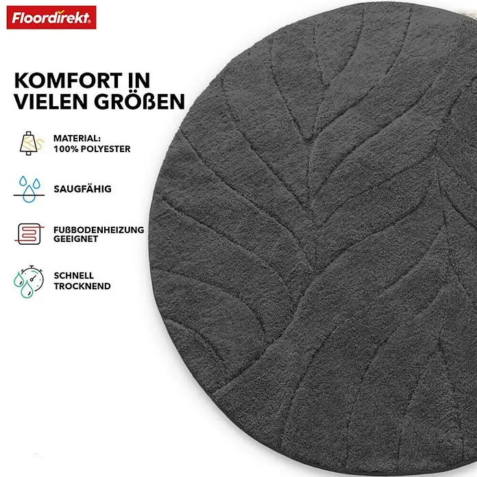 Floordirekt Badteppich Maris - 120 x 120 cm, Dunkelgrau, 100% Polyester - Weicher, grauer Badteppich mit Blattmuster und Produktinformationen wie Material und Saugfähigkeit.