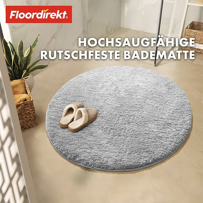 Floordirekt Badteppich Sky - 120 x 120 cm, Weiß, 100% Polyester - Hochflor Badteppich in runder Form und grau. Dazu passende Hausschuhe. Öko-Tex Siegel für geprüfte Qualität im Bad.