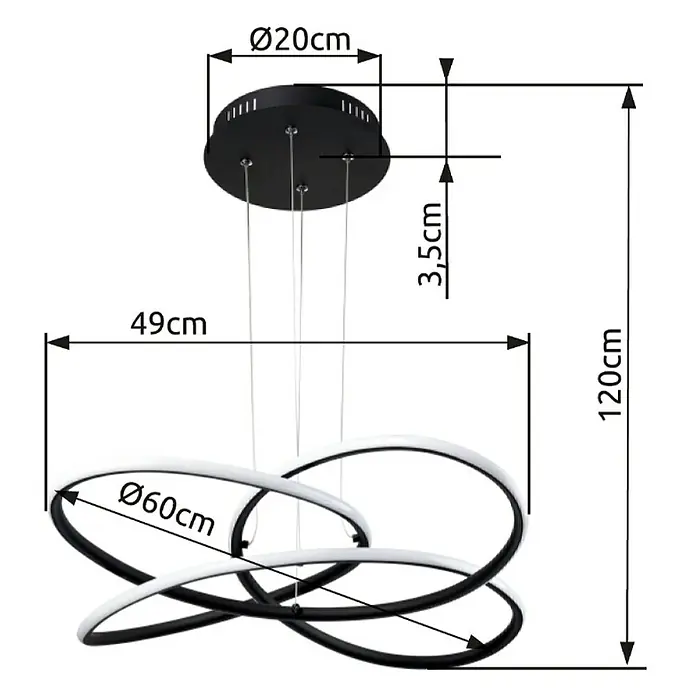 Globo Lámpara colgante LED Panda - 30 W, Altura: 120 cm, Blanco cálido - Dibujo técnico de una lámpara de suspensión LED moderna con tres anillos entrelazados, incluyendo dimensiones y detalles.